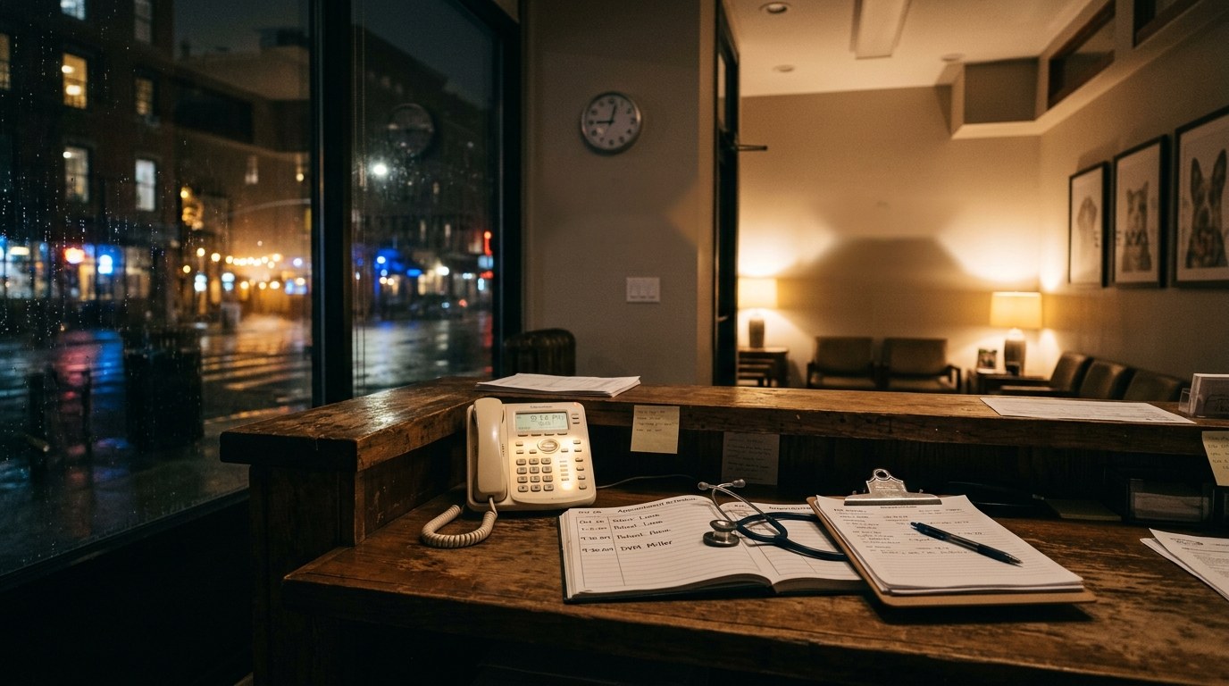 Empty veterinary clinic front desk at night in New York City with softly glowing desk telephone